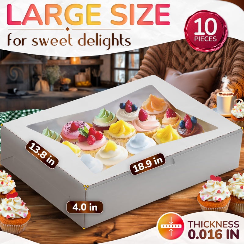 VIKROM 10Pcs Half-Sheet Cake Boxes 19x14x4" - White Bakery Boxes with Window, Pastry and Dessert Box Set for Valentines Day Gifts & Presentation, Glossy Flip Top Boxes for Cakes, Cupcakes, Cookies & Donuts - Image 2